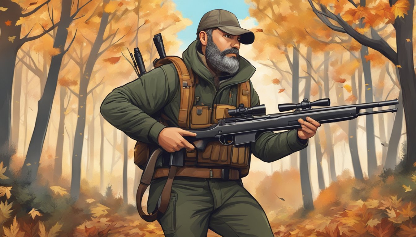 A hunter with a rifle in a forest, surrounded by trees and wildlife, with a clear sky and autumn leaves on the ground