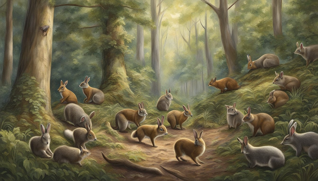 A wooded area with a variety of small game and furbearers, such as rabbits, squirrels, and raccoons, amidst the South Carolina hunting seasons