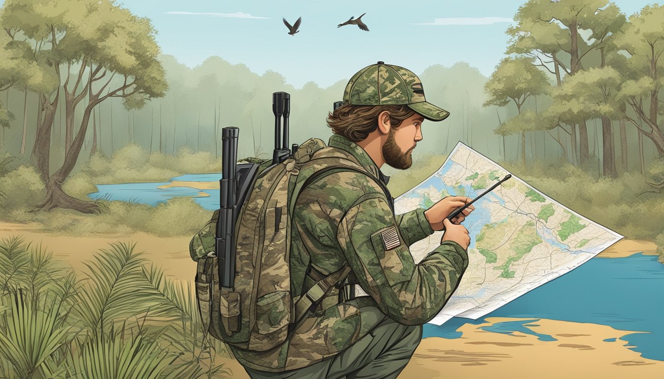 A hunter in camouflage gear checks a map of South Carolina, surrounded by trees and wildlife