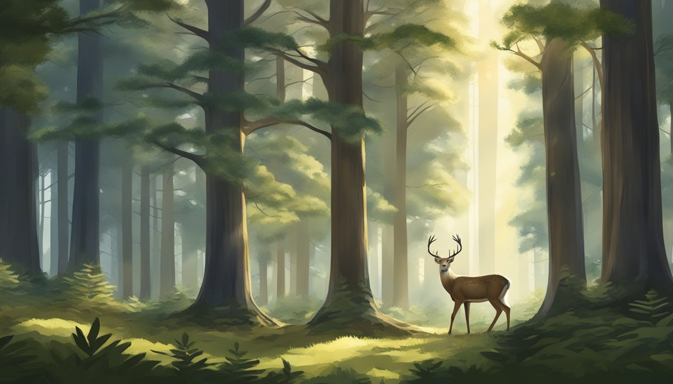 A serene forest clearing with a deer cautiously grazing, surrounded by tall evergreen trees and dappled sunlight filtering through the branches