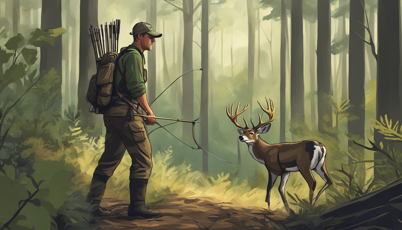 A hunter in South Carolina using a bow to hunt deer in the forest during hunting season