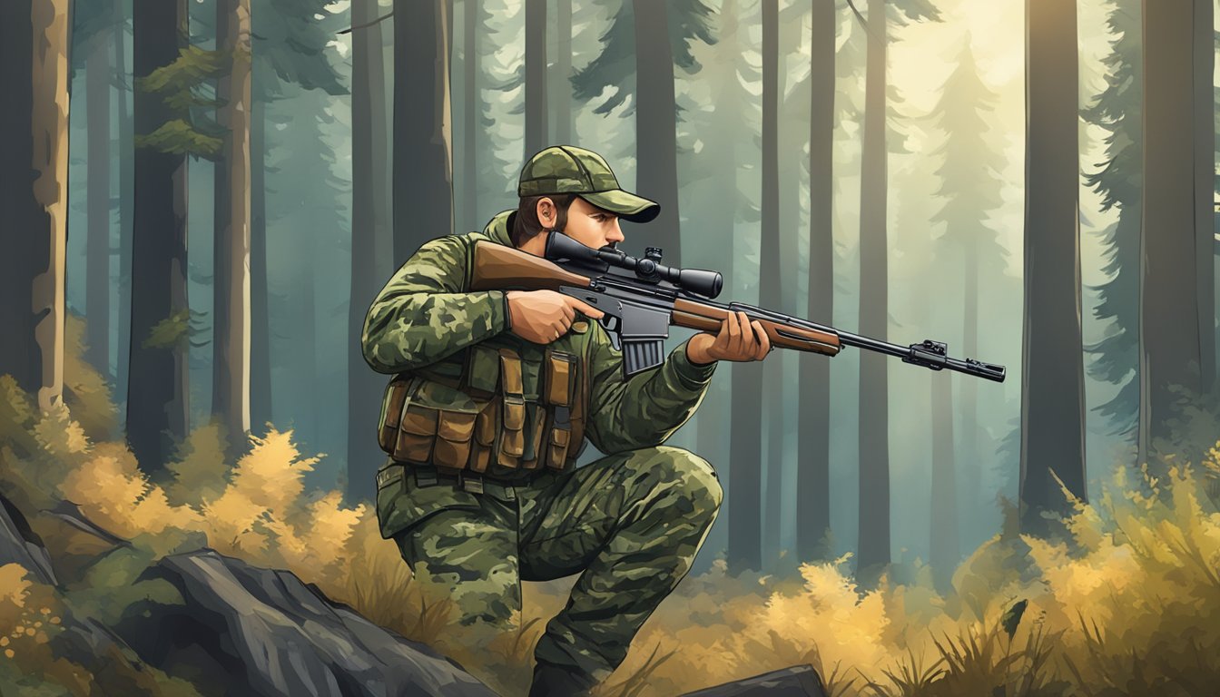 A hunter in camouflage gear, holding a rifle, scanning the forest for game during Oregon hunting season