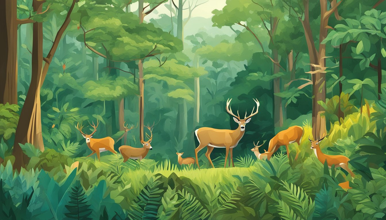 A lush forest with various wildlife, including deer and birds, with signs indicating hunting restrictions and ethical guidelines in Puerto Rico