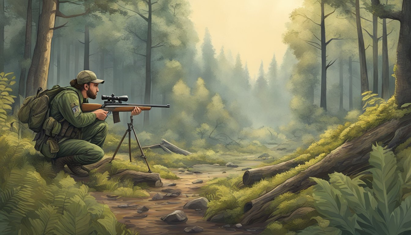 A forest clearing with a hunter's gear, rifle, and camouflage clothing laid out, surrounded by trees and wildlife