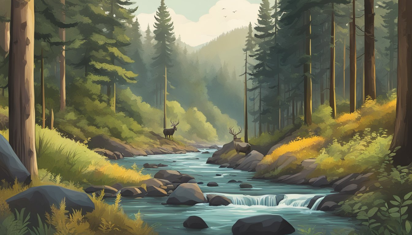 A serene forest with diverse wildlife, a flowing river, and signs marking designated hunting seasons in Oregon