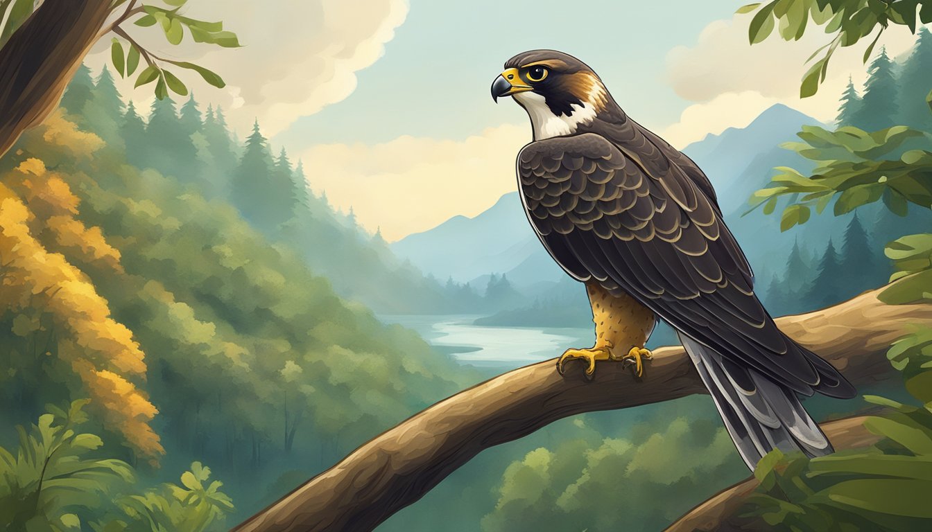 A falcon perched on a tree branch, overlooking a lush forest with various wildlife