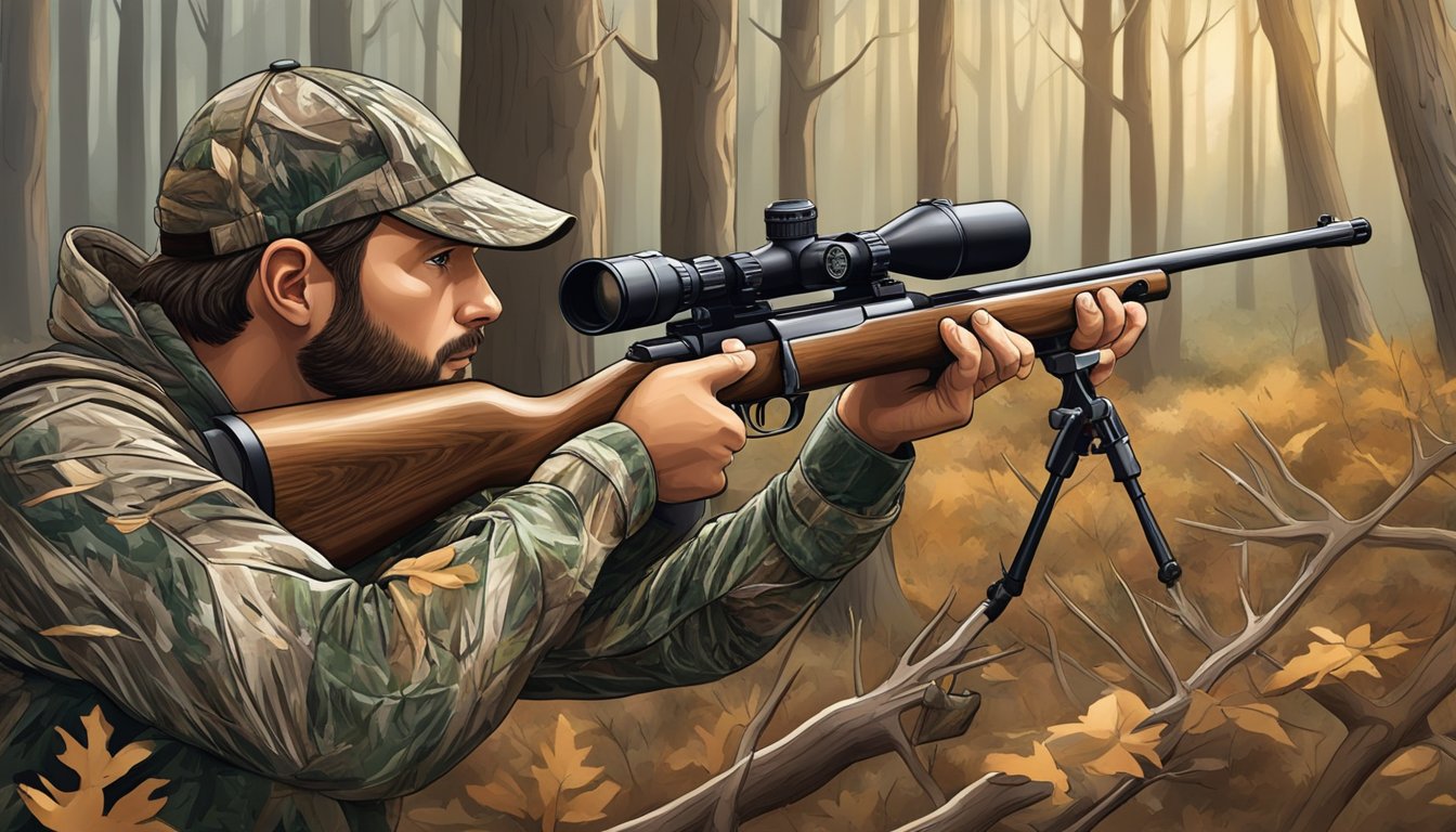 A hunter in a camouflaged blind, aiming a rifle at a deer in a wooded area during the Texas hunting season