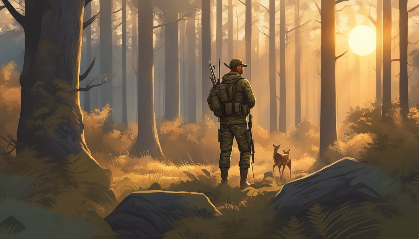 A hunter in camouflage stands in a forest, rifle at the ready, as a deer cautiously approaches a clearing. The sun is setting, casting a warm glow over the scene