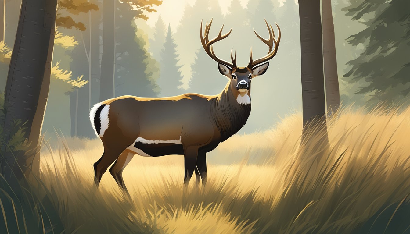 A majestic buck stands in a sun-dappled clearing, surrounded by tall grass and trees. The sunlight highlights its powerful frame and impressive antlers