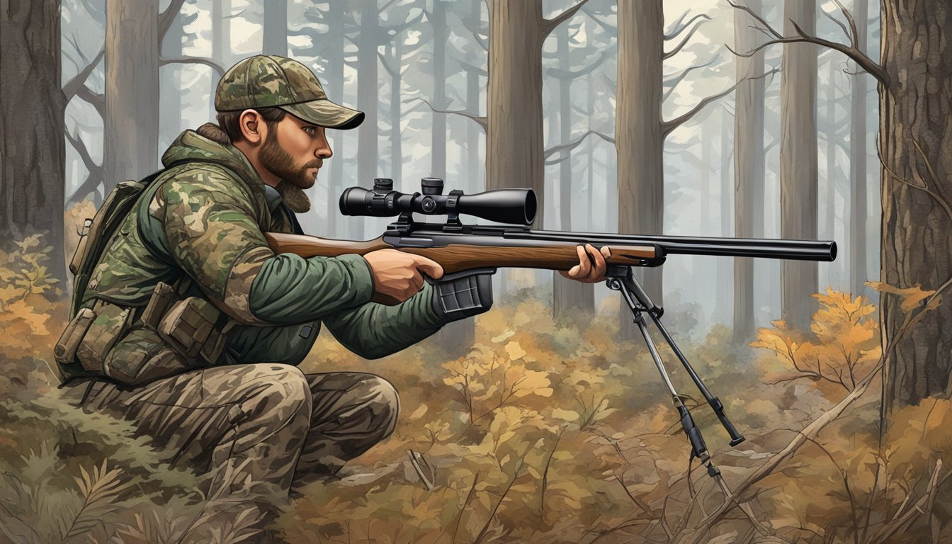 A hunter in camouflage aiming a rifle at a deer in a South Dakota forest during hunting season