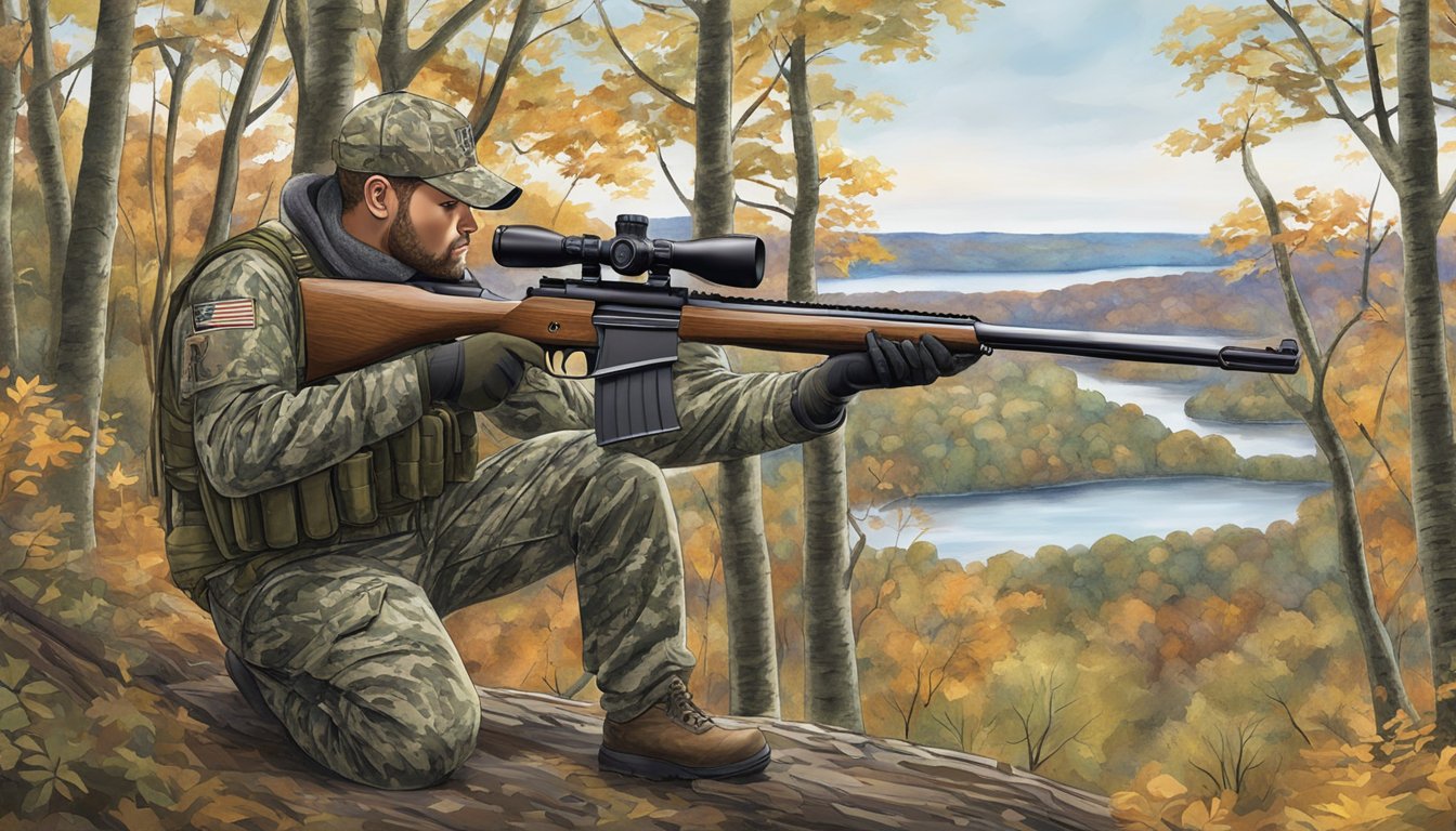 A hunter holding a rifle and wearing camouflage gear in a wooded area with a clear view of the Rhode Island landscape