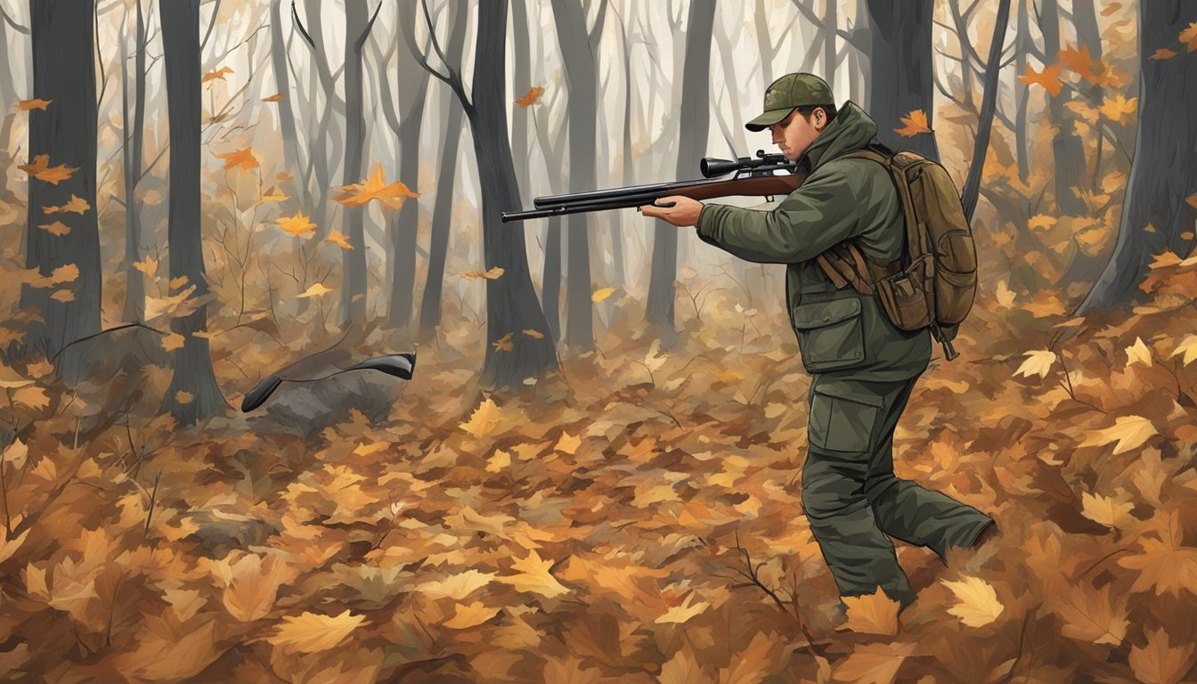 A hunter in camouflage with a shotgun, standing in a wooded area with fallen leaves, targeting game species during open season in Rhode Island