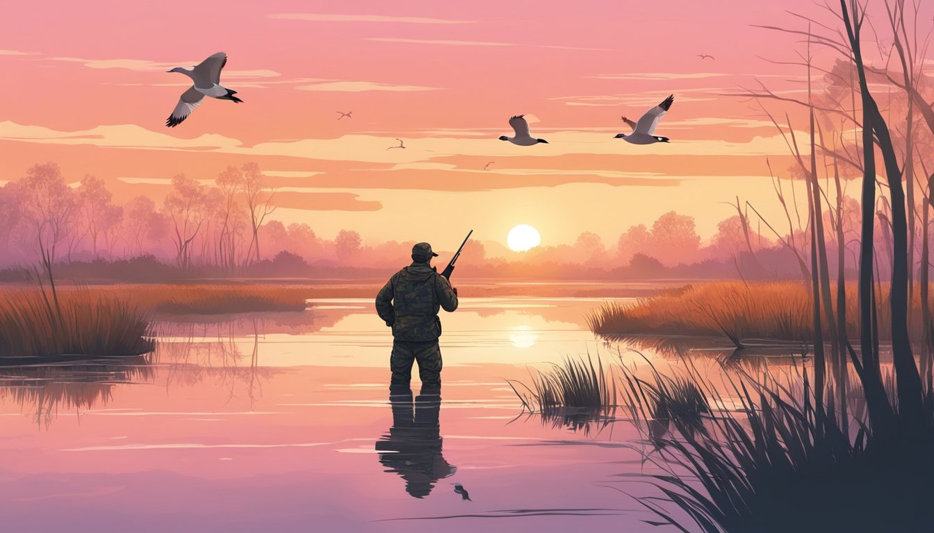 A hunter in camouflage aims at ducks in a marshy wetland at sunrise. The sky is pink and orange, and the water reflects the colors