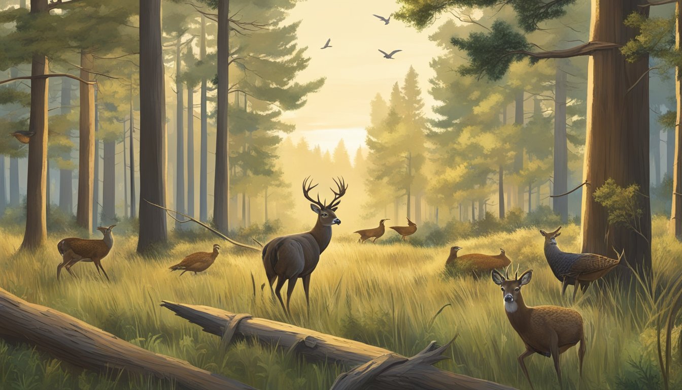 A serene forest clearing with deer and pheasants, surrounded by signs indicating hunting regulations and conservation efforts in South Dakota