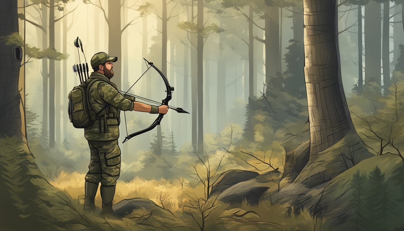 A hunter in camouflage setting up a tree stand in a dense forest, with a bow and arrow and a hunting permit displayed nearby