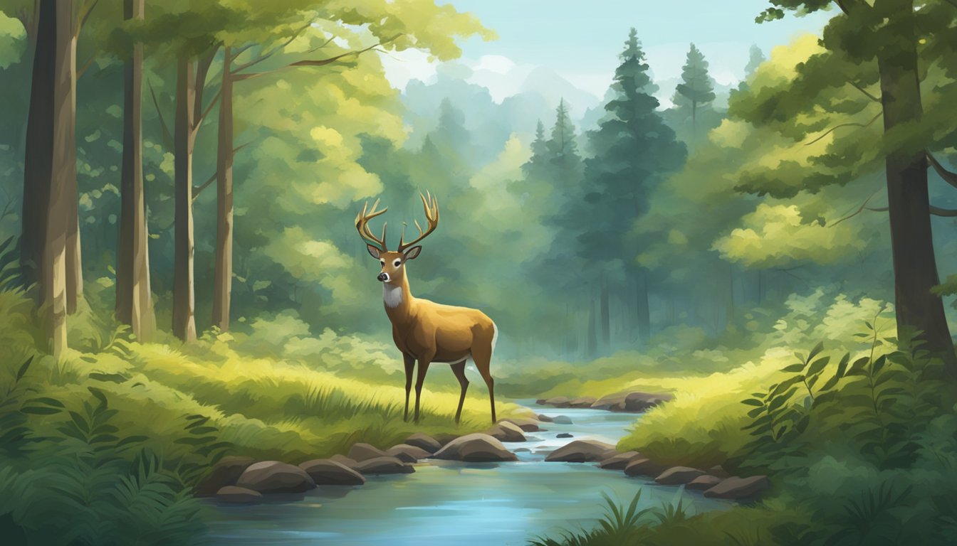 A serene forest clearing with a stream, surrounded by dense trees and bushes. A deer cautiously drinks from the water while birds chirp overhead