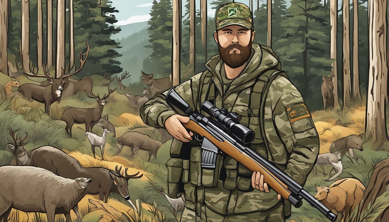 A hunter in camouflage clothing holding a rifle, surrounded by a forest with various wildlife and a sign indicating South Dakota hunting seasons