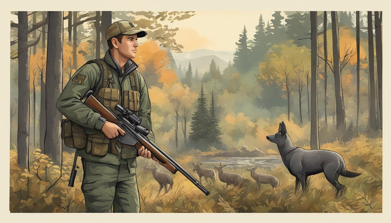 A hunter holding a rifle and wearing camouflage gear stands in a forest clearing, surrounded by trees and wildlife, with a seasonal hunting permit and stamps displayed prominently