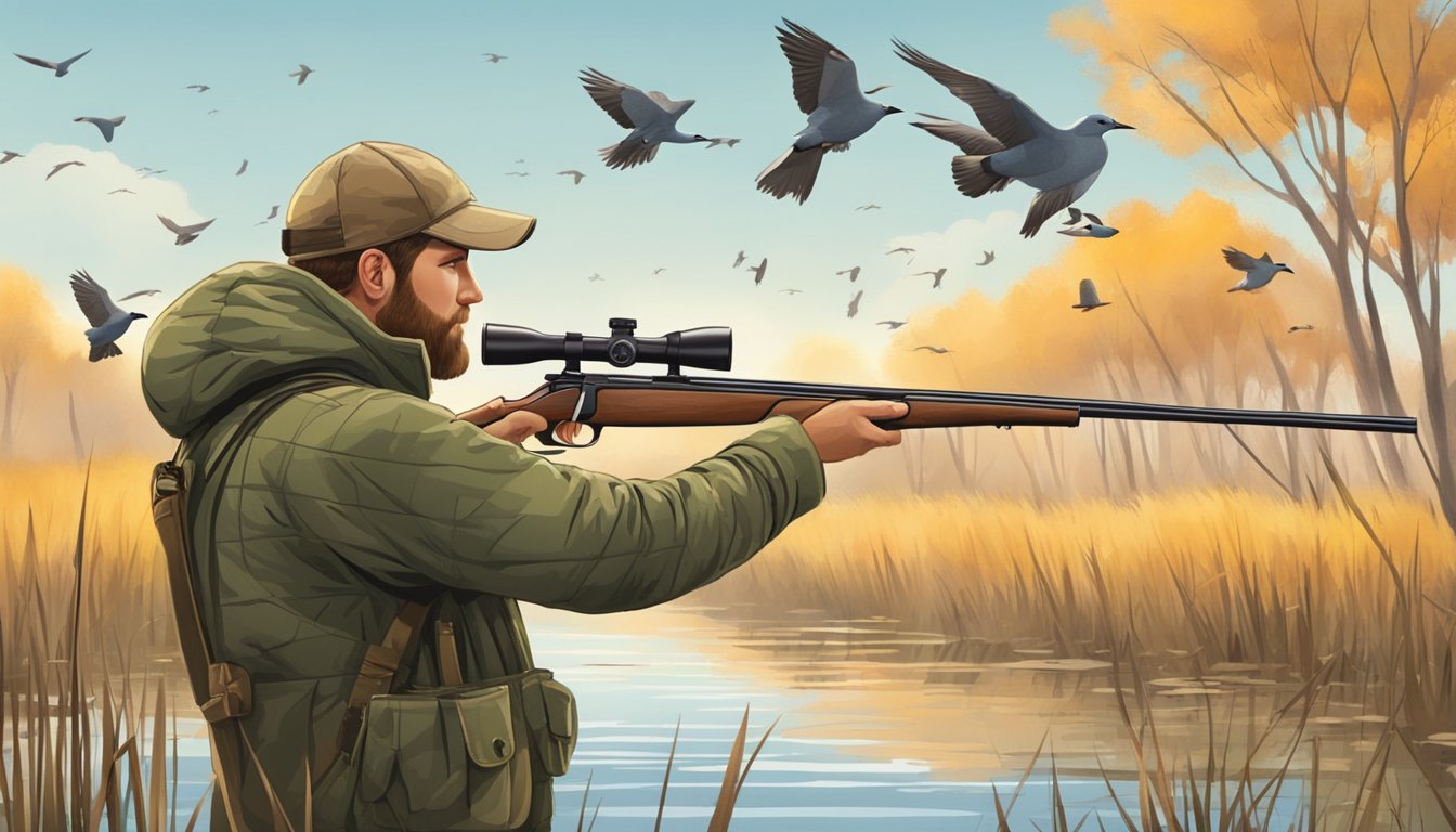 A hunter in camouflage stands in a marsh, aiming a shotgun at a flock of migratory birds flying overhead