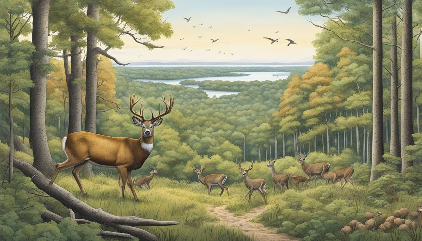 A forested landscape with diverse wildlife, including deer, turkey, and small game, coexisting in Rhode Island during hunting seasons