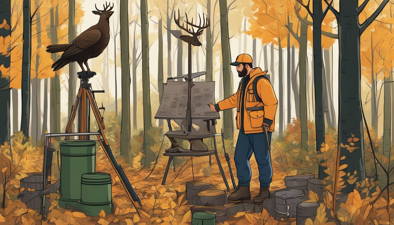 A hunter setting up a tree stand in a dense forest, surrounded by signs indicating different hunting seasons and regulations in Rhode Island