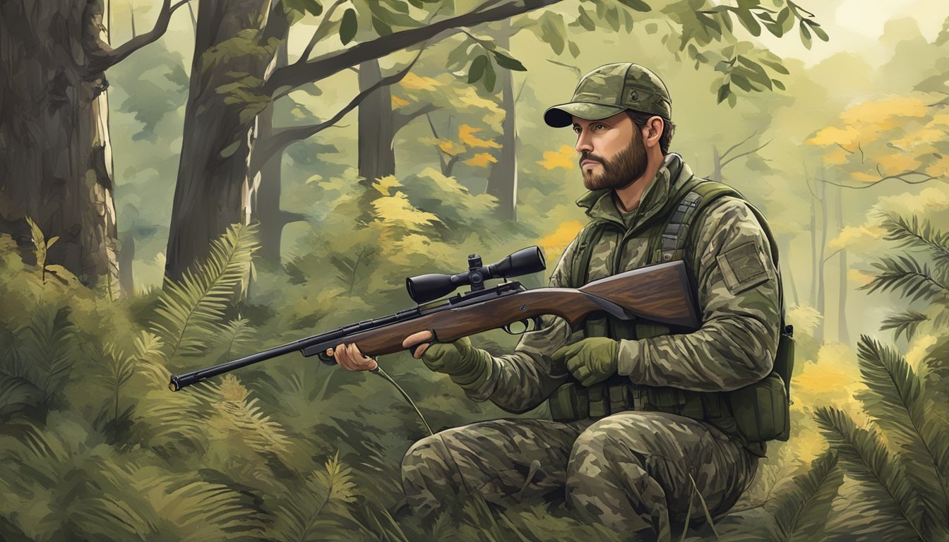 A hunter in camouflage gear holding a rifle, surrounded by trees and wildlife