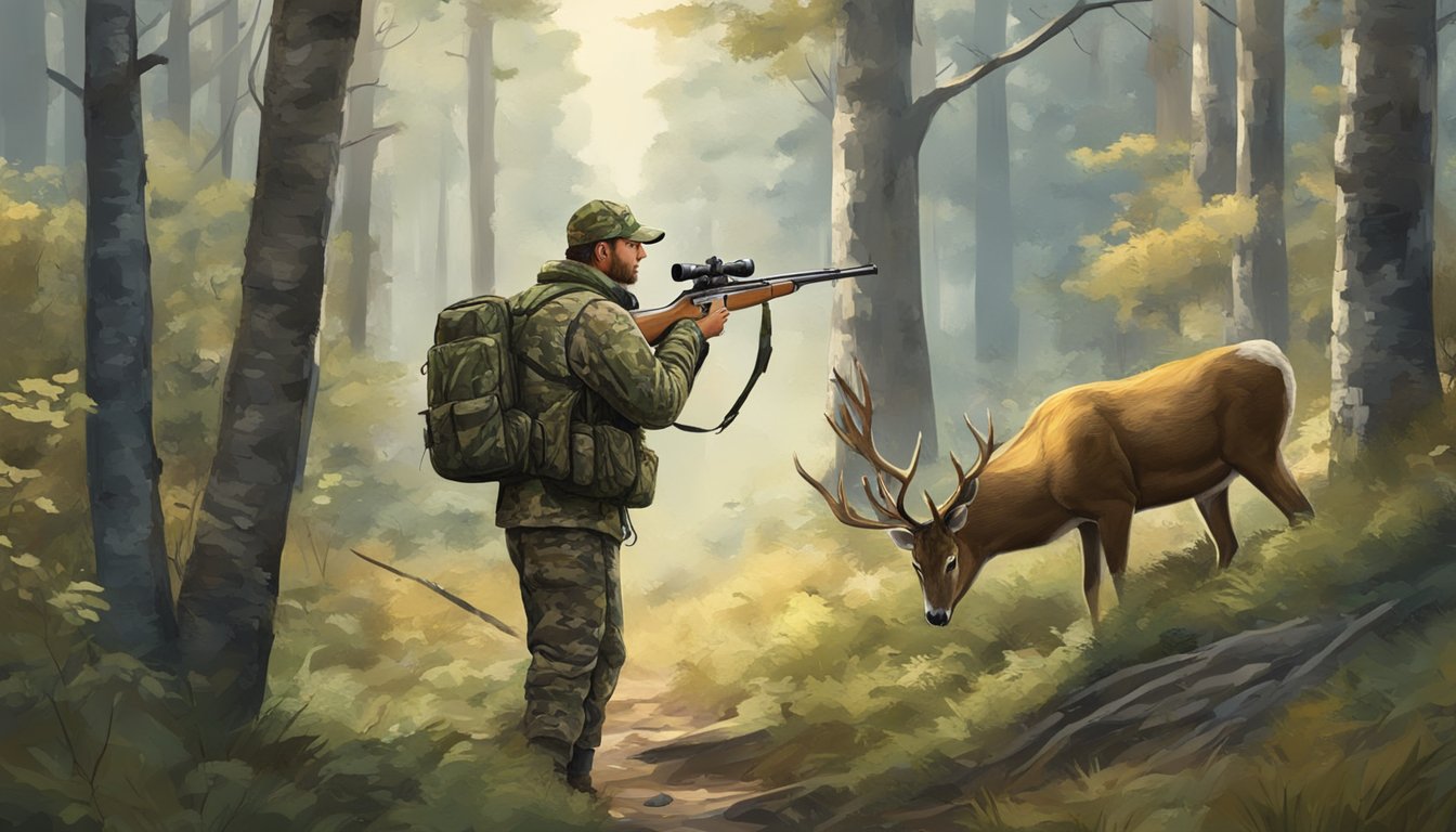 A hunter in camouflage standing in a forest, rifle in hand, watching a deer cautiously approach a clearing