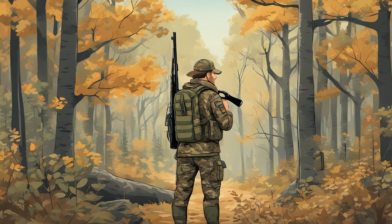 A hunter in camouflage standing in a wooded area, with a rifle in hand, surrounded by signs indicating seasonal and zone regulations for Virginia hunting seasons