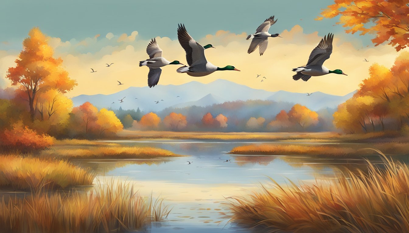 A serene marshland with ducks and geese in flight, surrounded by vibrant autumn foliage