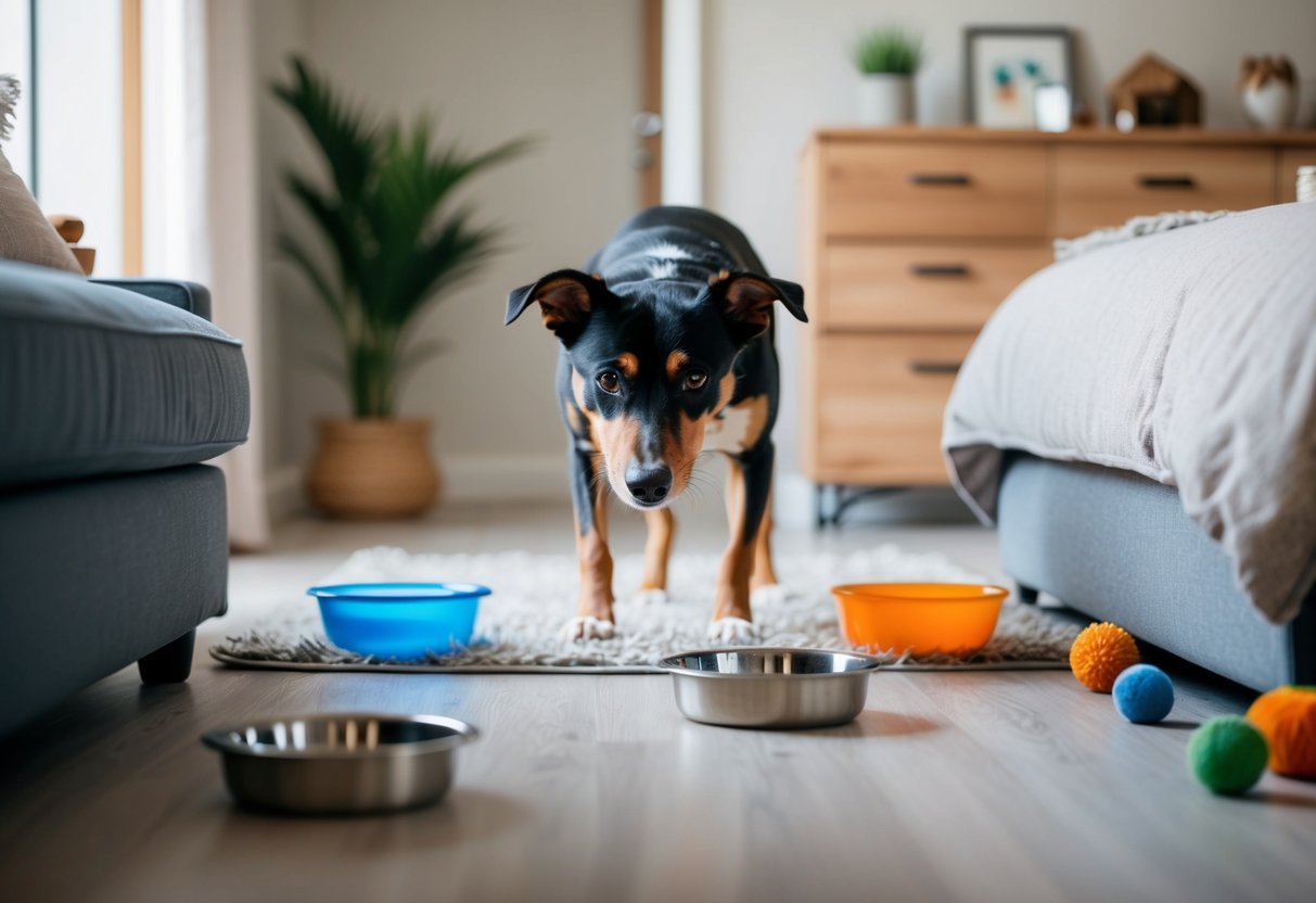 En hund som utforskar och sniffar runt i ett nytt hem, med en mysig säng, matskålar och vattenskålar, samt leksaker utspridda för att få det att kännas välkommet.