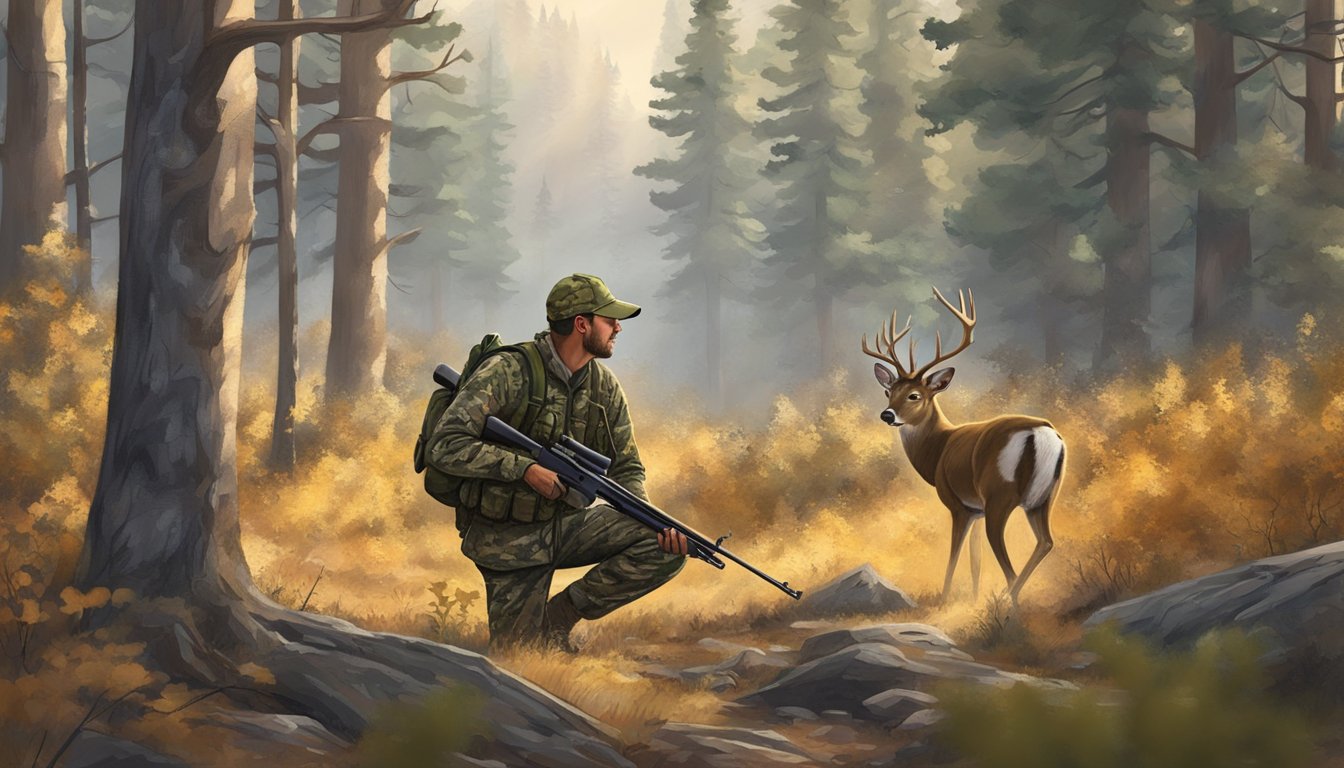 A hunter in camouflage aims a rifle at a deer in a forest clearing during Utah's special hunting season