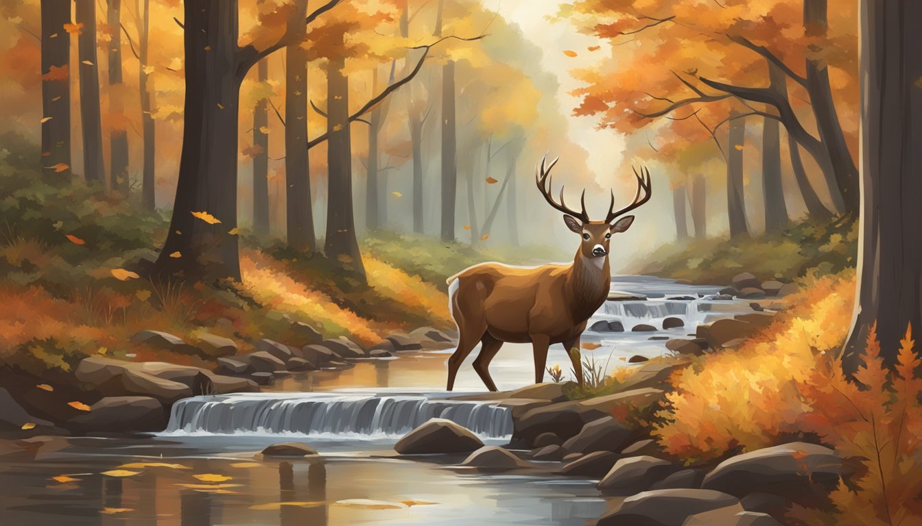 A forest clearing with a deer drinking from a stream, surrounded by autumn leaves and a calendar marking hunting season dates