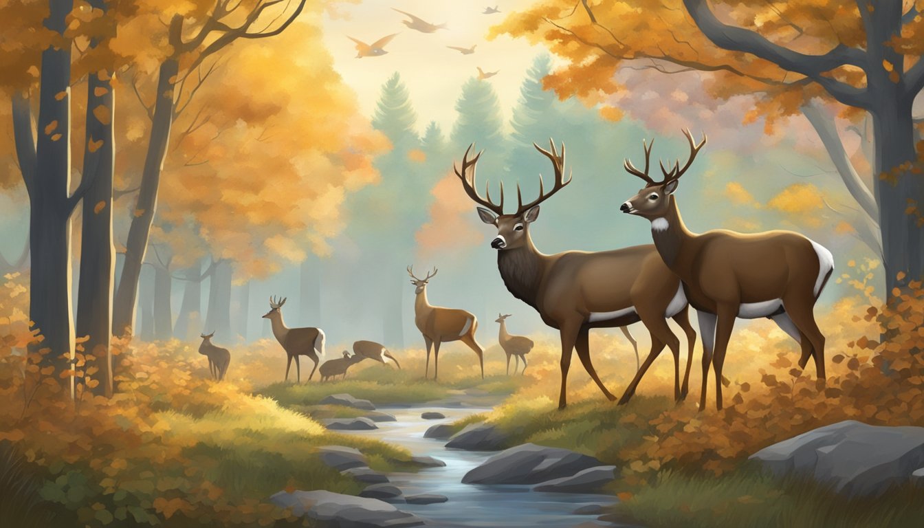 A serene forest with wildlife, including deer and turkey, against a backdrop of changing seasons