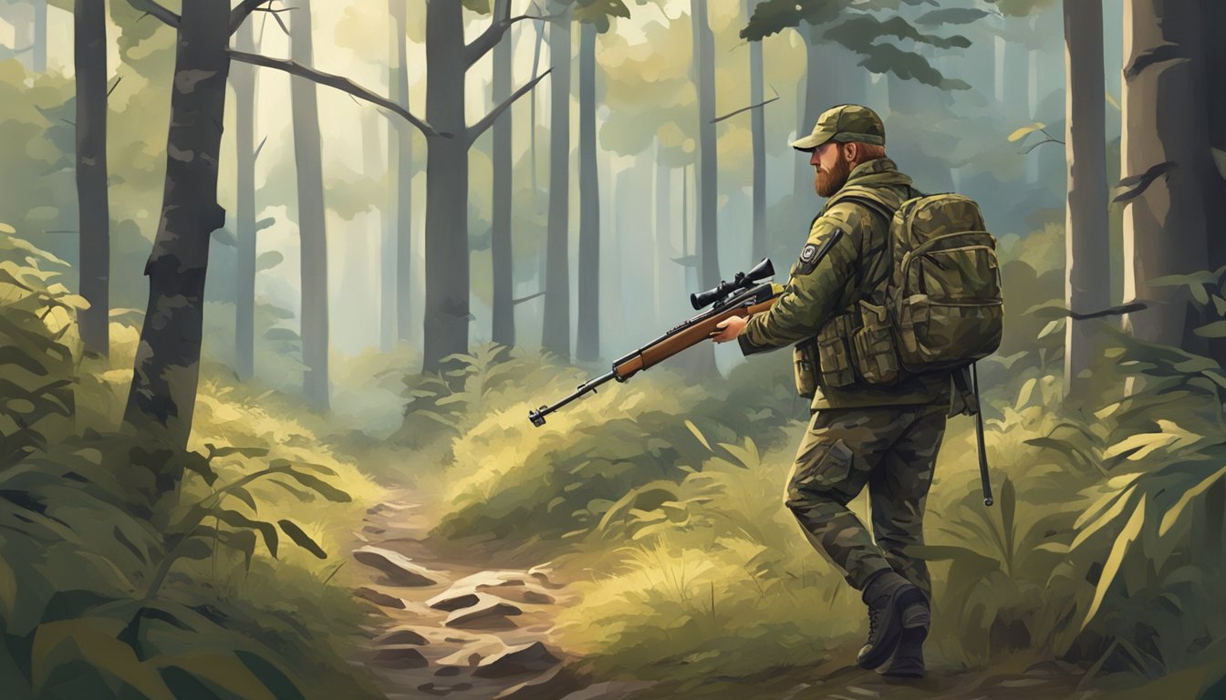 A hunter in camouflage gear, carrying a rifle, quietly walks through a forest with a watchful eye on the surrounding wildlife