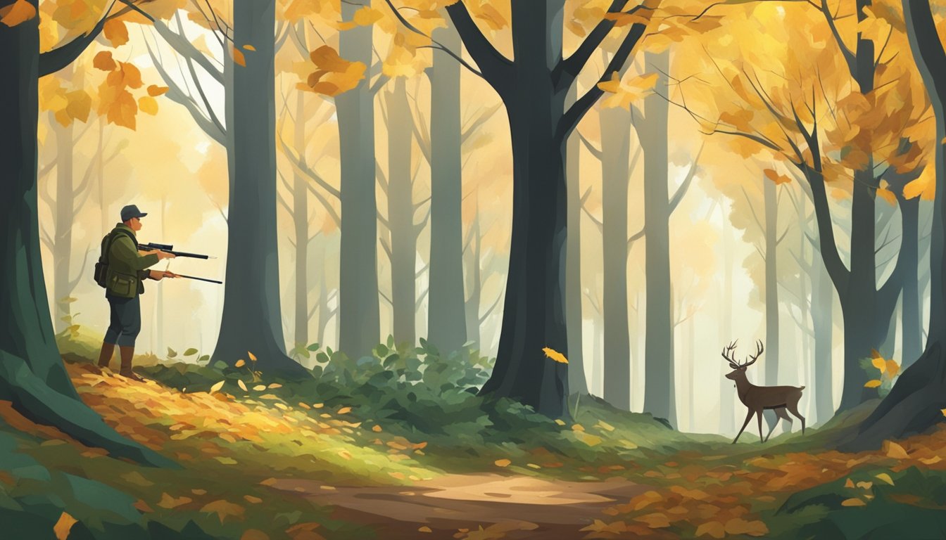 A forest clearing with a hunter aiming at a deer, surrounded by trees and fallen leaves