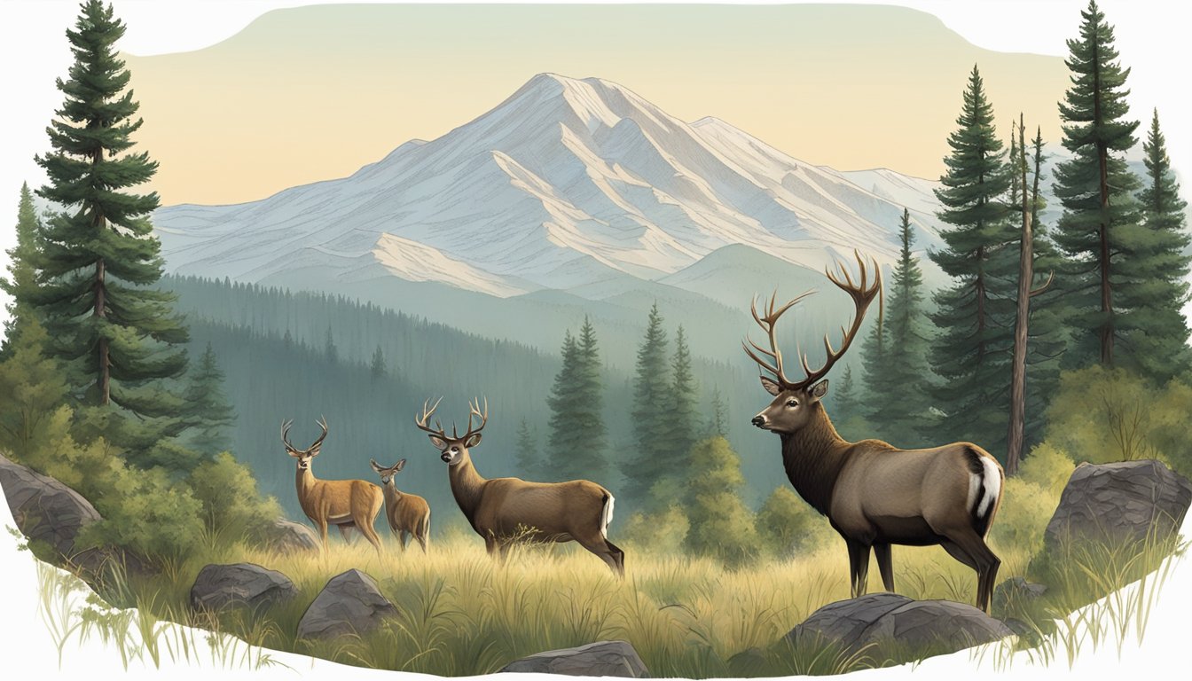 A serene forest clearing with a towering mountain backdrop, featuring a variety of native Utah wildlife including deer, elk, and other game animals