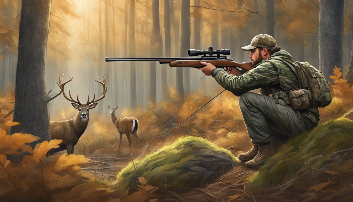 A hunter in camouflage aiming a rifle at a deer in a forest clearing during Tennessee hunting season