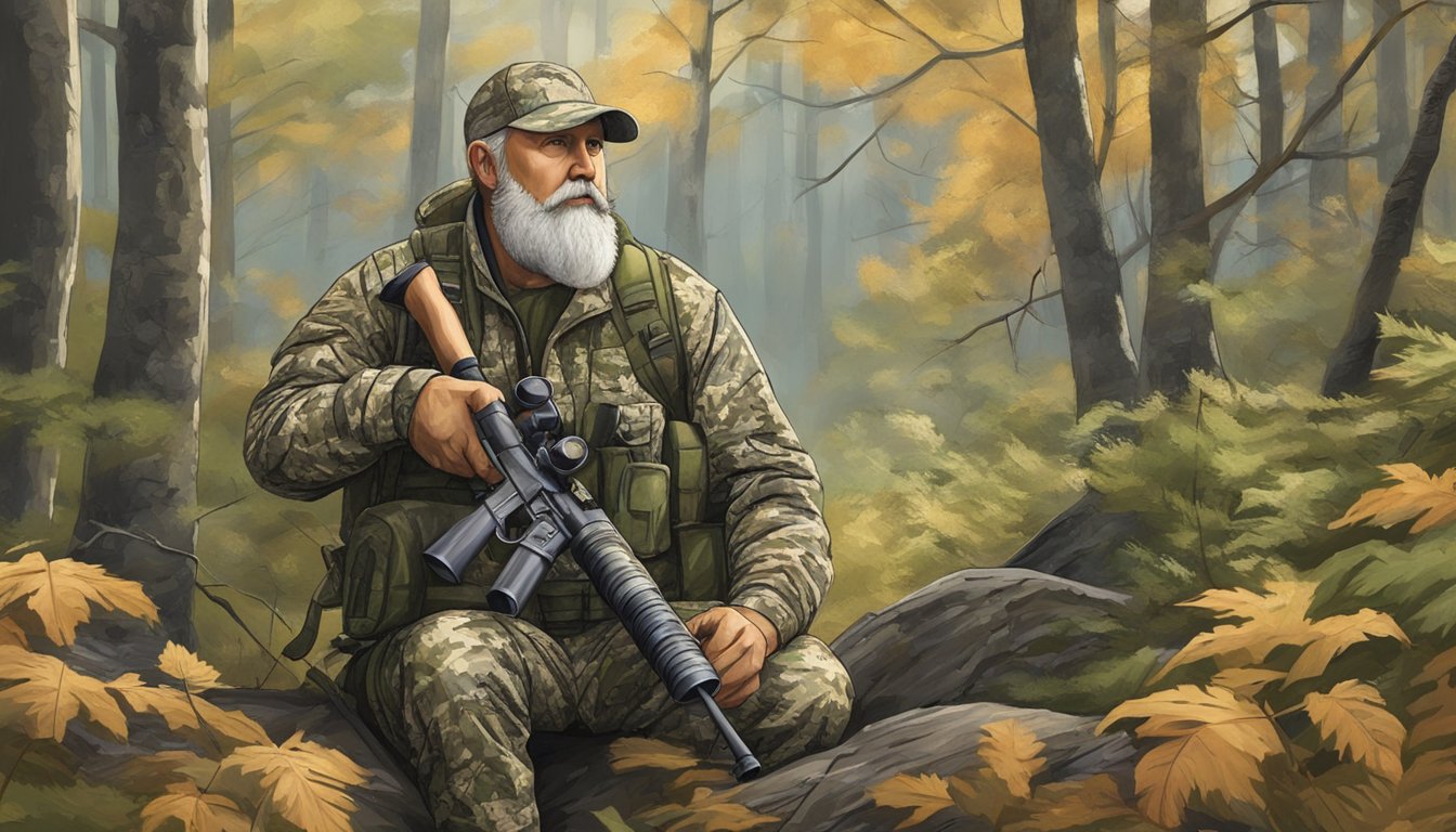 A hunter in camouflage with a rifle and binoculars in a forest clearing during Tennessee hunting season