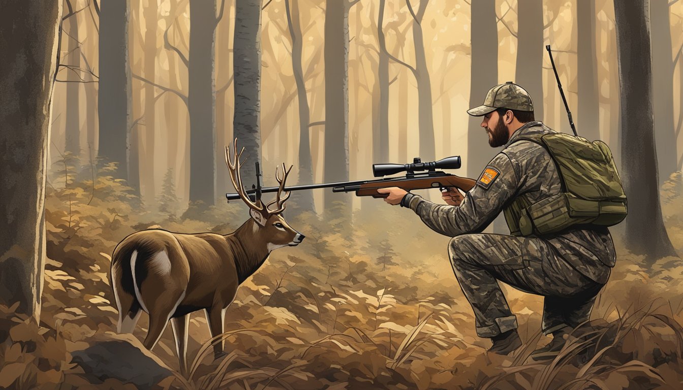 A hunter in camouflage aiming at a deer in a Tennessee WMA during hunting season