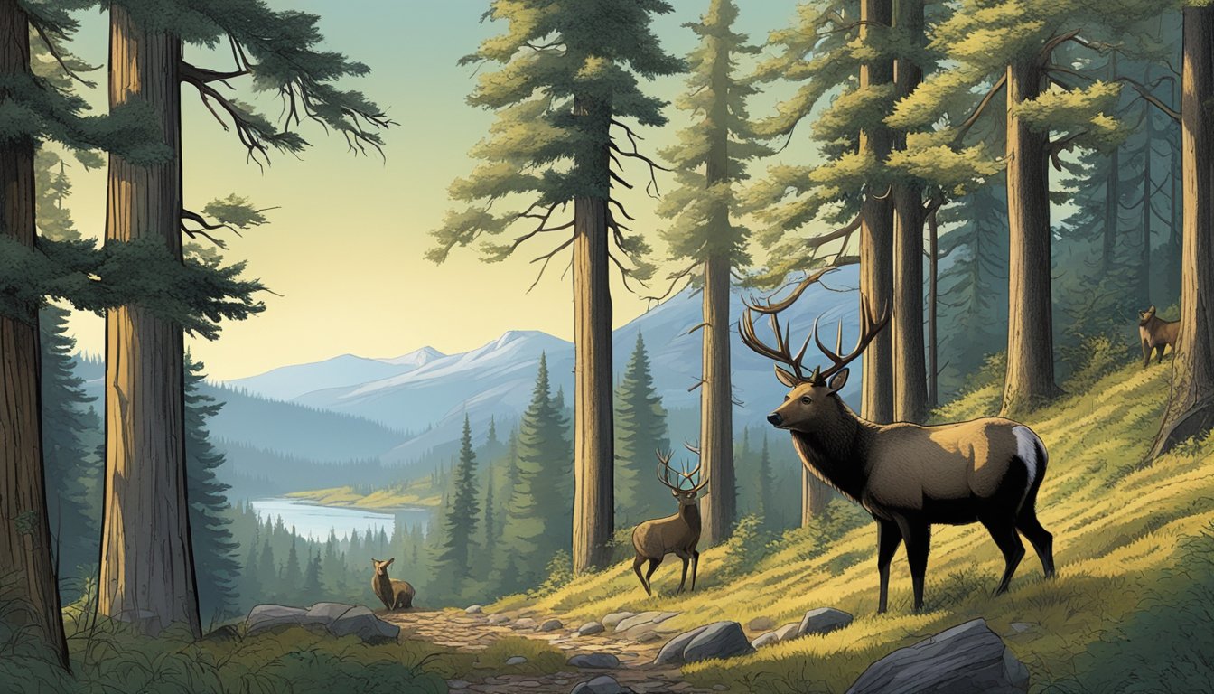 A serene forest with deer, elk, and bear, under a clear sky in Washington during hunting season