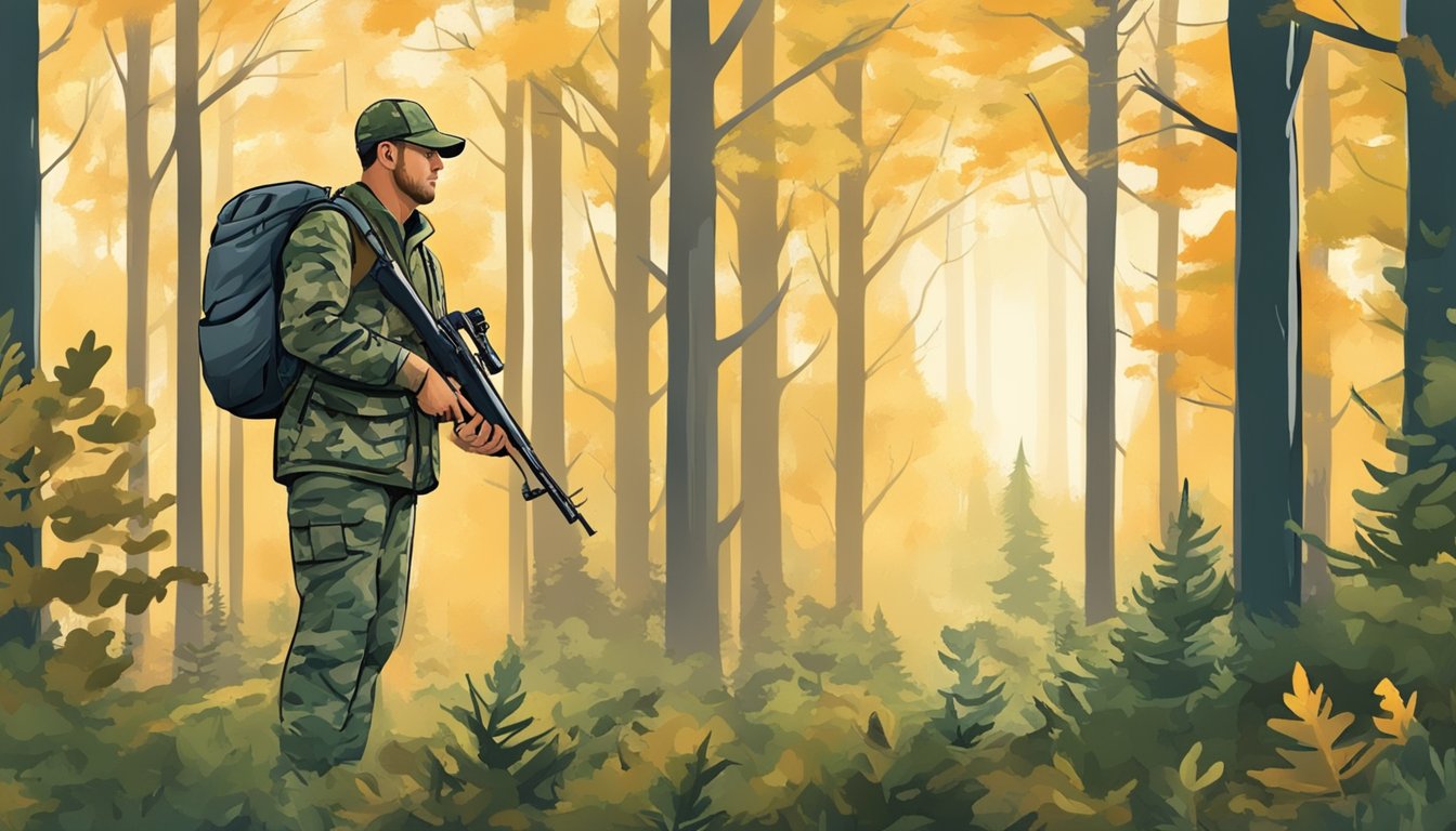 A hunter in camouflage following regulations while observing wildlife in a forest during Washington hunting season