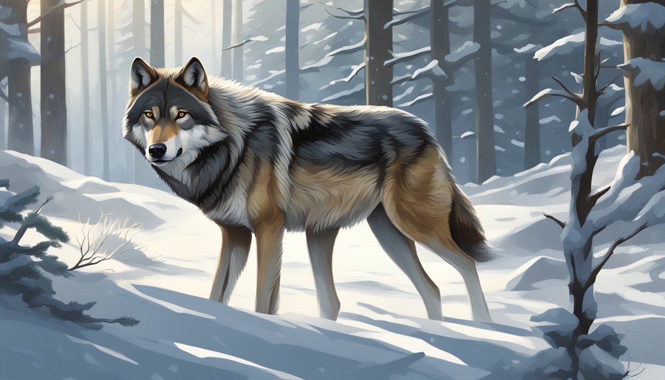 A wolf stalking through a snowy forest, its keen eyes fixed on a herd of deer grazing in a clearing