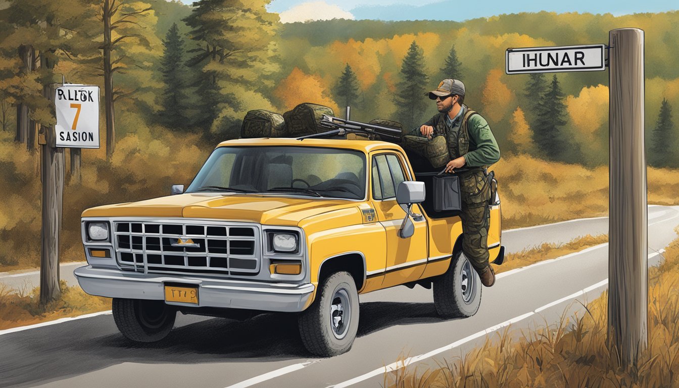 A hunter in Tennessee checks the calendar for hunting seasons, while a truck with hunting gear passes a road sign with legal regulations