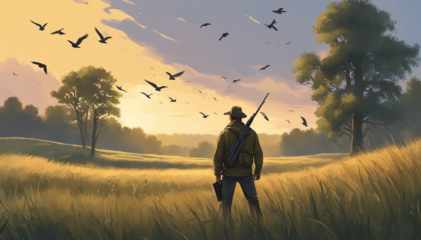 A hunter with a shotgun in a rural Wisconsin field, surrounded by trees and tall grass, looking up at a flock of birds in the sky