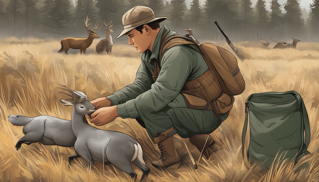 A hunter placing harvested game into a bag with a reporting form nearby