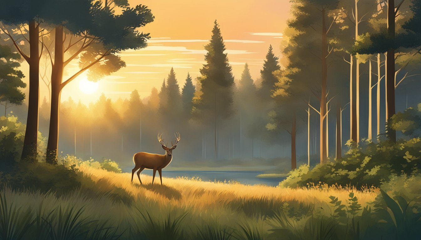 A peaceful forest clearing with a deer grazing, surrounded by trees and bushes. The sun is setting, casting a warm glow over the scene