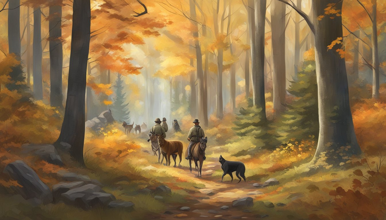 Lush forest with various small game and furbearers in Wisconsin, surrounded by autumn foliage and a tranquil hunting season atmosphere