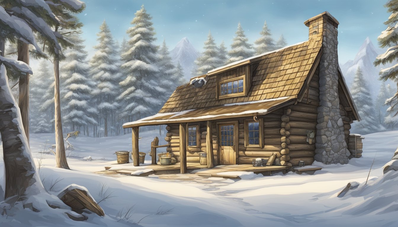 A hunter's cabin with rifles, camouflage gear, and animal tracks in the snow