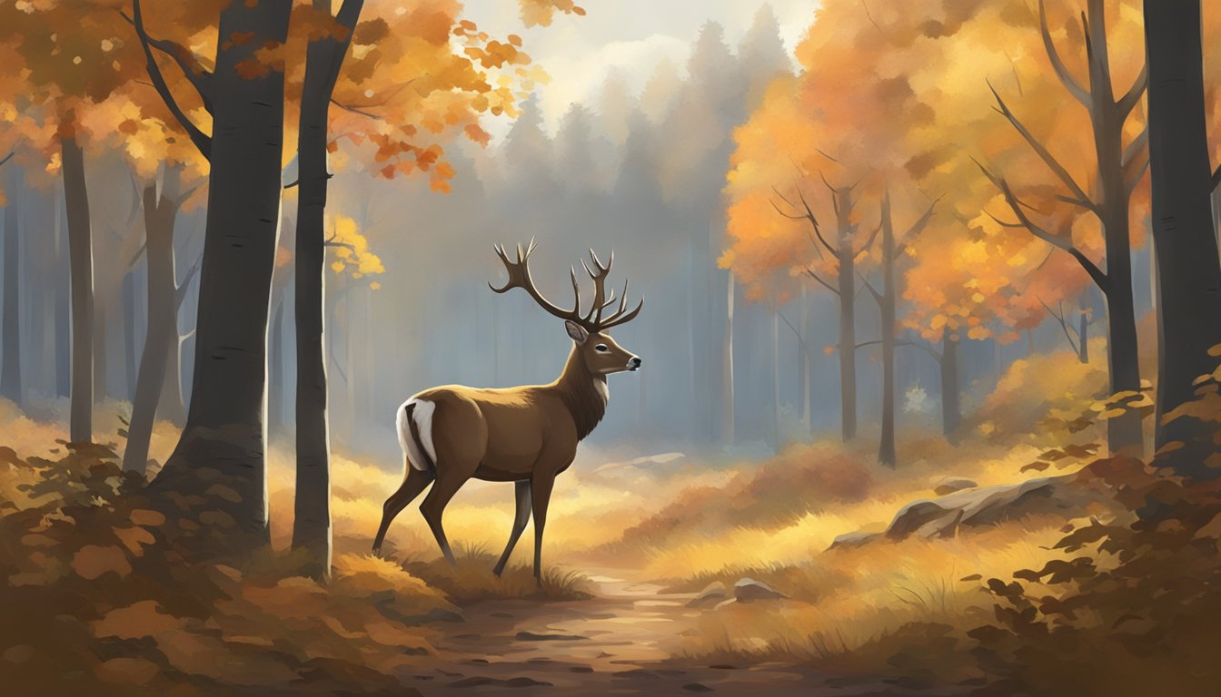 A serene forest clearing with a deer grazing, surrounded by autumn foliage and a hunter's blind in the distance