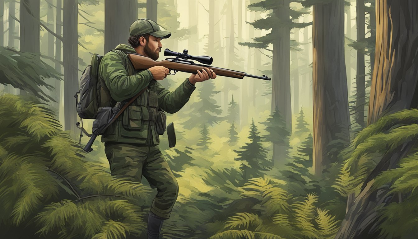 A hunter in a forest, surrounded by tall evergreen trees, with a rifle and camouflage gear, observing the wildlife